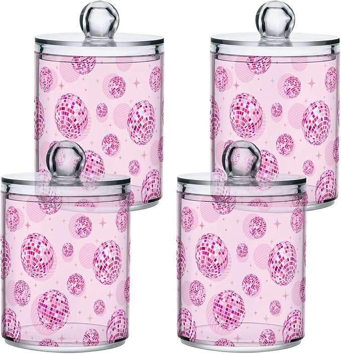 2 Pack Qtip Holder Organizer Dispenser Disco Balls Pink Bathroom Storage Canister Cotton Ball Holder Container for Cotton Pads/Swabs/Floss-CasaMuseHome