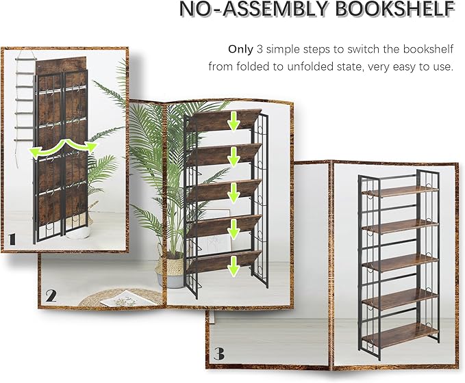 4NM No Assembly 5 Tiers Folding Bookshelf, 59.4" H Foldable Storage Shelves Vintage Bookcase Standing Racks Study Organizer Home Office - Rustic Brown Black-CasaMuseHome