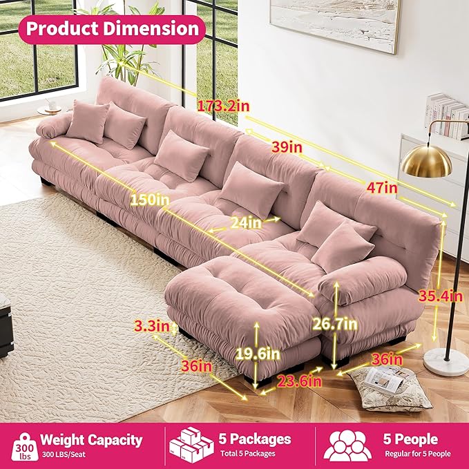 L Shaped Couch Sectional Couch, 4-Seater Cloud Couch Sectional Oversized Couch, Sofa Bed Couch with Round Bolster Armrests 6 Pillows, Modular Couch Home Sofa Living Room Couch(Pink)-CasaMuseHome