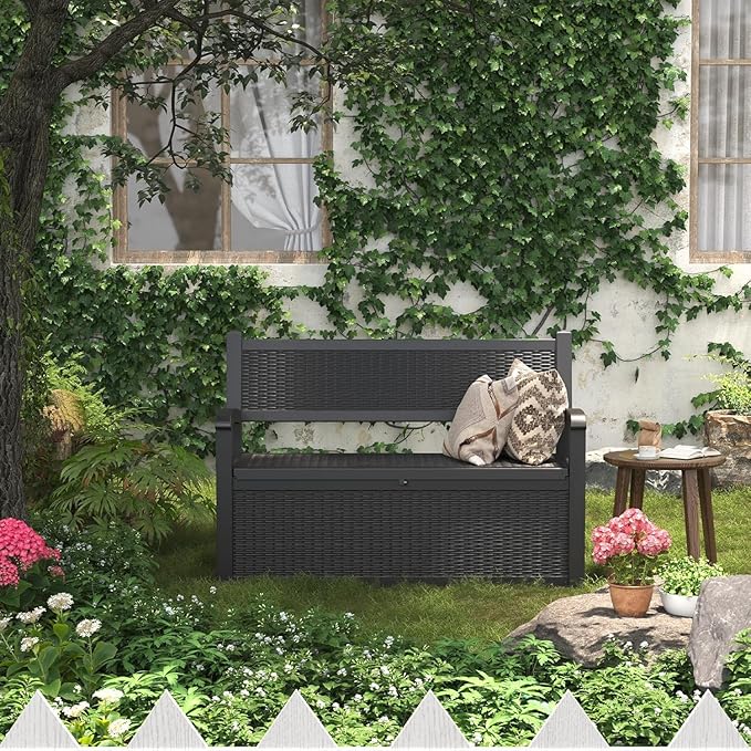 70 Gallon Lockable Outdoor Storage Bench Waterproof, Deck Box Bench for Patio, Porch, Garden, Poolside, Stores Tools & Pool Supplies, Heavy-Duty Outdoor Bench with Storage, Black-CasaMuseHome