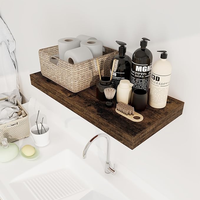 12 Inch Deep Floating Shelves, 24 x 12 Floating Shelf for Books, Rustic Wood Deep Wall Shelves for Home Storage & Display, 2" Thicked Shelves for Kitchen, Living Room, Bedroom, Rustic Brown, 2 Pack-CasaMuseHome