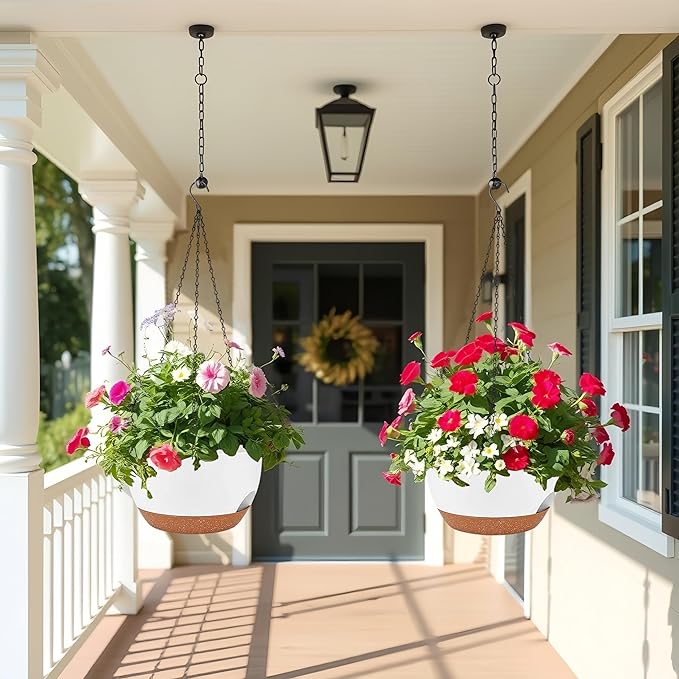 2 Pack 12 Inch Large Hanging Planters with Chains Self Watering White Brown Plastic Hanging Pots for Indoor Outdoor Plants, Garden Porch Home Decor,White Brown-CasaMuseHome