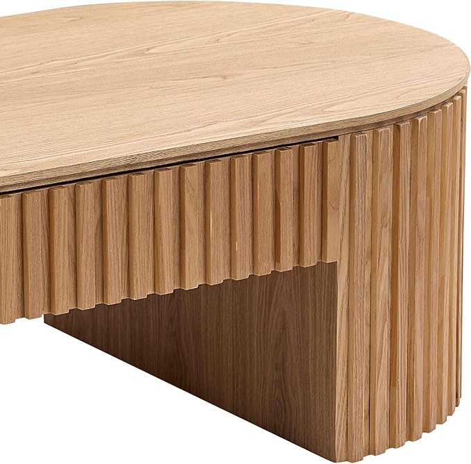 51.18'' Oval Coffee Table for Living Room Fluted Center Table with Drawer, Mid Century Modern Coffee Tables, Easy Assembly for Office Storage Tea Table Oak-CasaMuseHome
