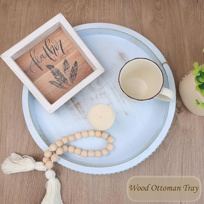 Round Wood Serving Tray with Beads, Blue Washed Wooden Decorative Tray for Entertaining, Decoration, and Gifting-CasaMuseHome