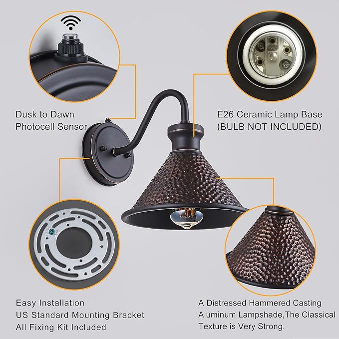 2 Pack Dusk to Dawn Outdoor Wall Light Fixtures Photocell Sensor, Exterior Sconce Light with Cast Hammered Aluminum Shade, Outside Wall Mount Lamp for House Patio Garage Entryway Doorway-CasaMuseHome