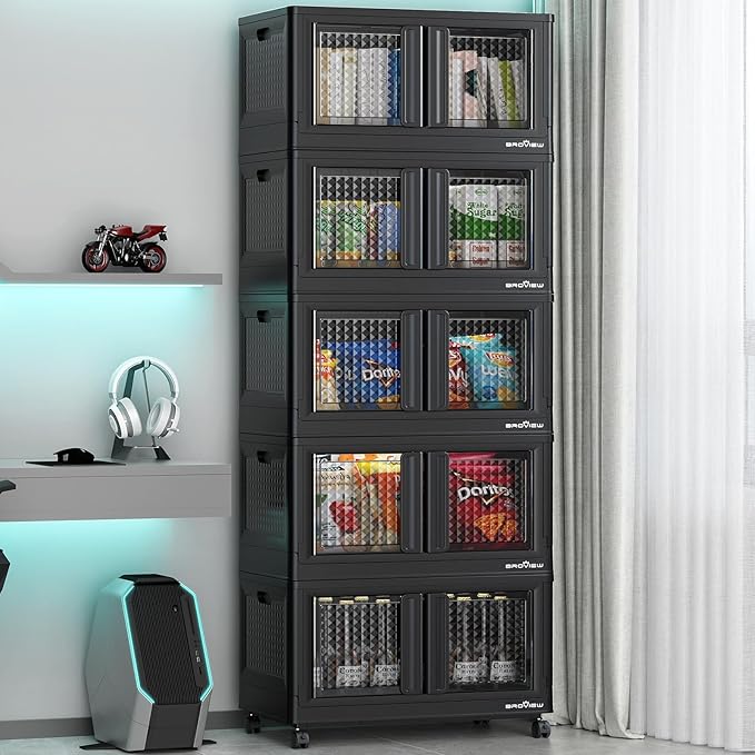 500Qt Stackable Storage Bins with Lids, 125Gal Closet Organizers and Storage Drawer, Plastic Collapsible Storage Bins with Doors, Heavy Duty Store Box Cabinet for Home Kitchen, 5Pack Black-CasaMuseHome