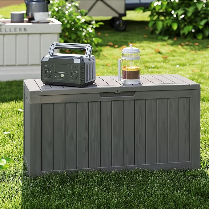 75 Gallon Double-Wall Resin Deck Box - Lockable Waterproof Outdoor Storage Box, 515lbs Capacity & Doubles as Seating for Patio Furniture - Garden Tools, Pool Accessories (Brown)-CasaMuseHome