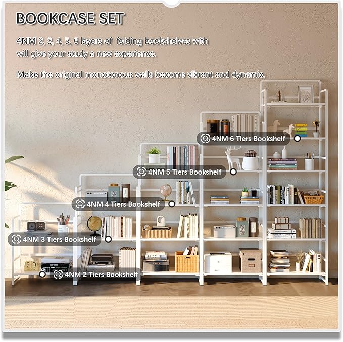 4NM 2 Tiers No-Assembly Folding Bookshelf with Wheels, Portable Rolling Storage Bookcase & Compact Side Table for Living Room, Bedroom, Kitchen, Bathroom (All White)-CasaMuseHome