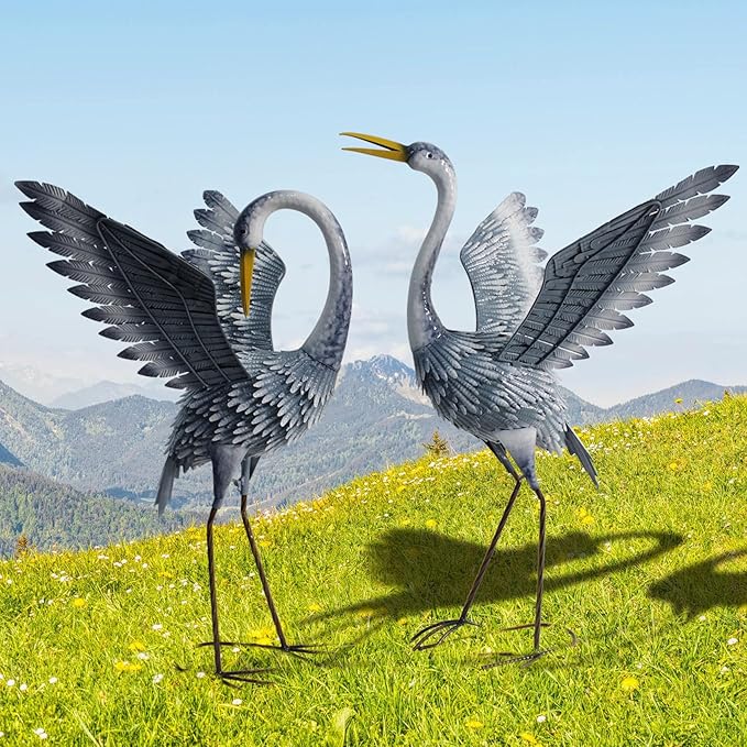 24-27 Inch Standing Crane Garden Sculptures & Statues, Crane Metal Yard Art for Backyard, Lawn, Patio, Porch, Birthday, Wedding Decorations, Gray-CasaMuseHome