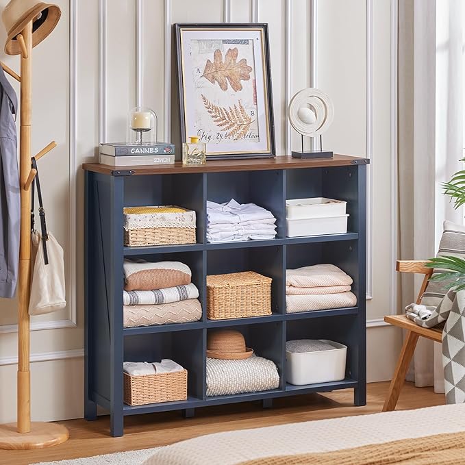 9 Cube Bookcase, Farmhouse 47 Inch Wide Navy Blue Bookshelf, Wooden 3 Tier Display Large Open Book Shelf, Vintage Horizontal Book Case for Home Office, Cubby Storage Cabinet for Living Room-CasaMuseHome