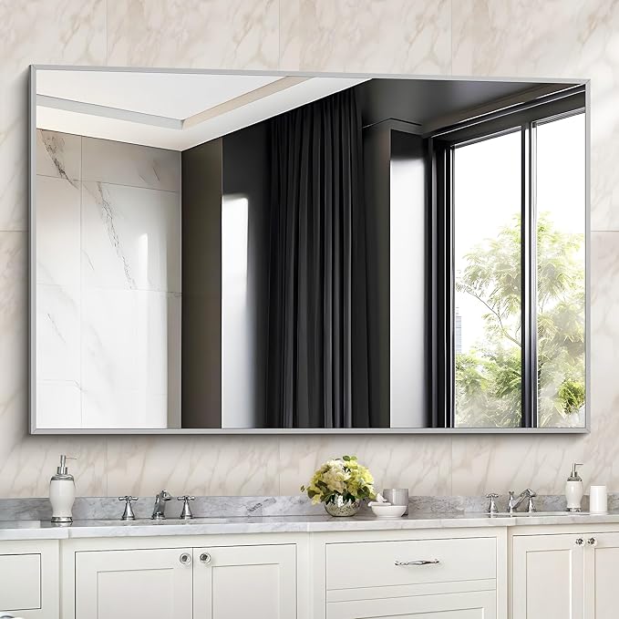 36x55 inch Bathroom Mirror, Silver Rectangle Mirror with Thin Metal Frame, Large Rectangular Wall Mirrors for Bathroom, Living Room, Big Mirror Hang Horizontal/Vertical-CasaMuseHome