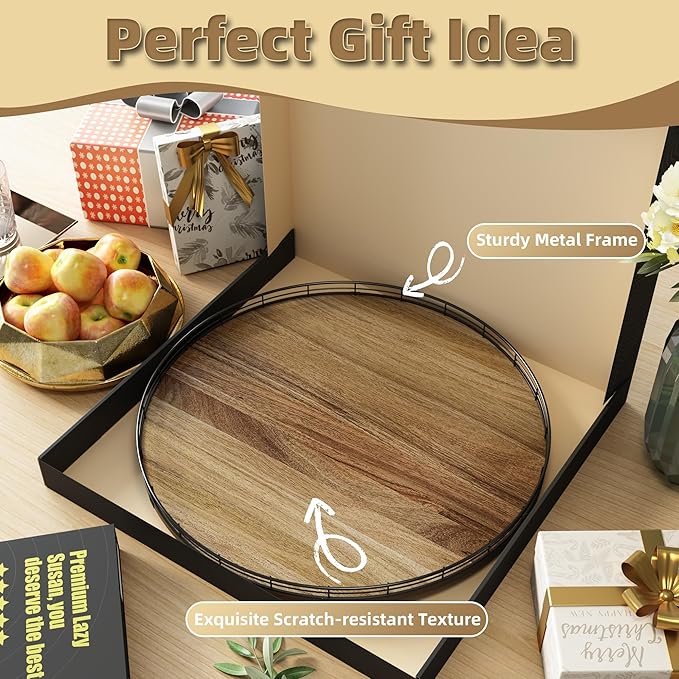 Acacia Wood 21" Lazy Susan Turntable Organizer for Table Top, Farmhouse Extra Large Round Lazy Susan for Serving Kitchen Countertop Cabinet for Charcuterie Centerpiece, Bathroom Vanity Tray Decor-CasaMuseHome