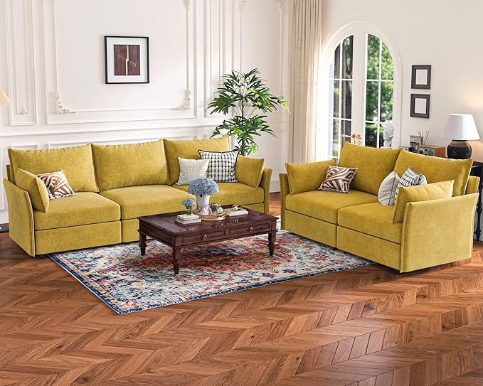 135.5" Oversized Modular Sectional Sofa, L Shaped Convertible Couch with Movable Ottoman, 5 Seat Corner Couches for Living Room Deep Seat Yellow Chenille-CasaMuseHome