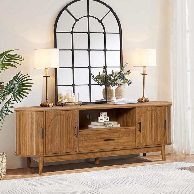 63" Fluted TV Stand for Tvs up to 70", Mid-Century Modern Entertainment Center with Drawers and Fluted Doors, Curved TV Media Console Table with Sliding Doors for Living Room, Bedroom (63")-CasaMuseHome