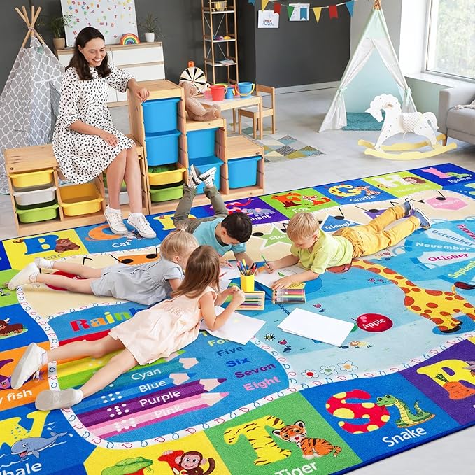 4x6 Playroom Rugs for Kids Washable, Educational and Fun Playmat with ABC Alphabet Animals Shapes Colors, Non-Slip Play Mat Learning Rugs for Baby Toddler Children Game Activity, Blue-CasaMuseHome