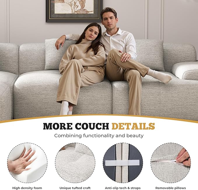 122" Modern L Shaped Modular Sectional Sofa, Boneless Couches for Living Room with Ottoman,4 Seater Convertible Chenille Cloud Couch Sofa Set, No Assembly Required, Beige 1 PCS-CasaMuseHome