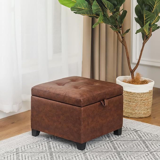Adeco Faux Leather Storage Ottoman Bench with Wood Legs, 17.7" Square Red and Brown PU Cube Foot Stool, Upholstered Button Tufted Vanity Chair with Hinged Lid for Living Room, Bedroom, Dorm-CasaMuseHome