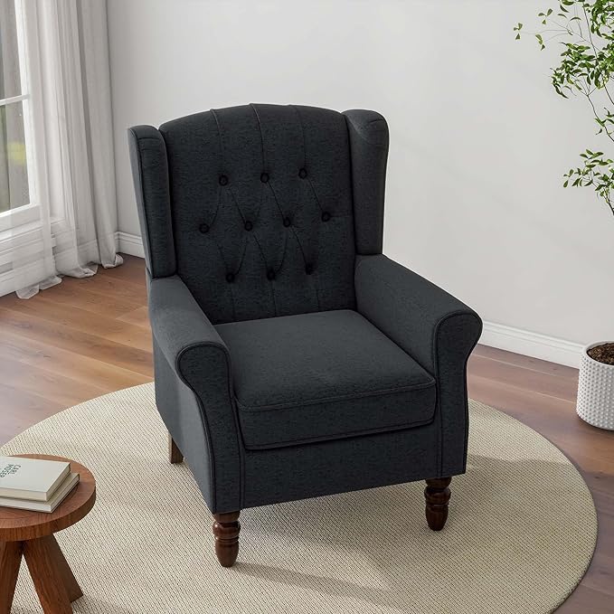 Accent Chair, Upholstered Armchair with Button Tufted High Back & Solid Wood Legs, Comfy Wingback Reading Single Sofa Chair for Small Spaces, Living Room, Bedroom-Blue,1 SEAT-CasaMuseHome