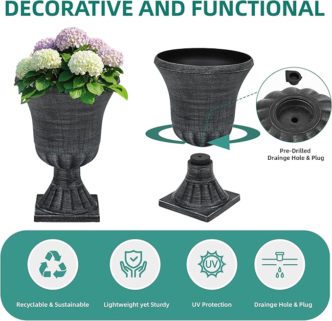 22" Large Urn Planters for Outdoor Plants, Set of 2 Plastic Flower Pot with Handmade Washed Black Finish, Weather-Resistant for Porch, Garden, Patio or Indoor Use-CasaMuseHome