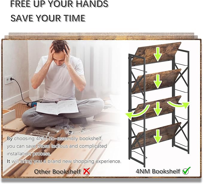4NM 4 Tiers No Assembly Book Shelves, 41.3" H Folding Bookshelf Bookcase Open Industrial Foldable Shelves for Bedroom, Living Room, Home Office - Rustic Brown Black-CasaMuseHome