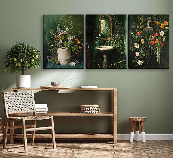 3Pcs Framed Vintage Dark Green Bathroom Wall Art Shower Toilet Paper Roll Floral Poster Print Modern Farmhouse plants Painting Picture Wall Decor For Bathroom Living Room Decoration-CasaMuseHome
