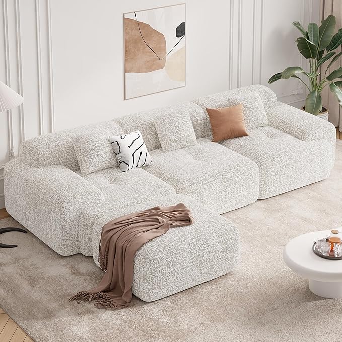 122" Modern L Shaped Modular Sectional Sofa, Boneless Couches for Living Room with Ottoman,4 Seater Convertible Chenille Cloud Couch Sofa Set, No Assembly Required, Beige 1 PCS-CasaMuseHome