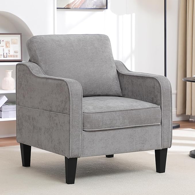 Accent Chairs Set of 2, Upholstered Living Room Chairs with Side Pockets, Mid Century Modern Reading Chair for Bedroom, Comfy Armchair Single Sofa Side Chair for Office, Small Room, Light Grey-CasaMuseHome
