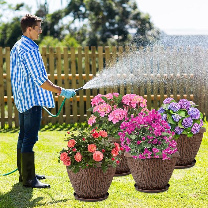 4 Pack 10 Inch Plant Pot, Flower Pots Outdoor with Drainage Hole & Tray, Thickened Plastic Planters for Indoor Outdoor Plants, Lightweight Modern Decorative Garden Pot with Saucer-CasaMuseHome