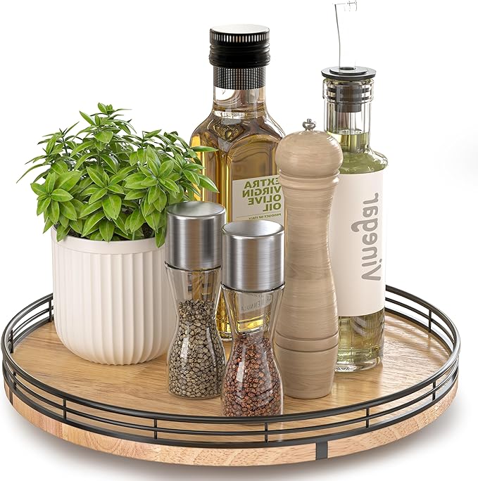 12" Lazy Susan Oak Wood Turntable Organizer for Cabinet, Farmhouse Round Wooden Lazy Susan Organization and Storage for Dining Table, Pantry, Kitchen, Bathroom, Countertop, Cupboard, Home Decor-CasaMuseHome