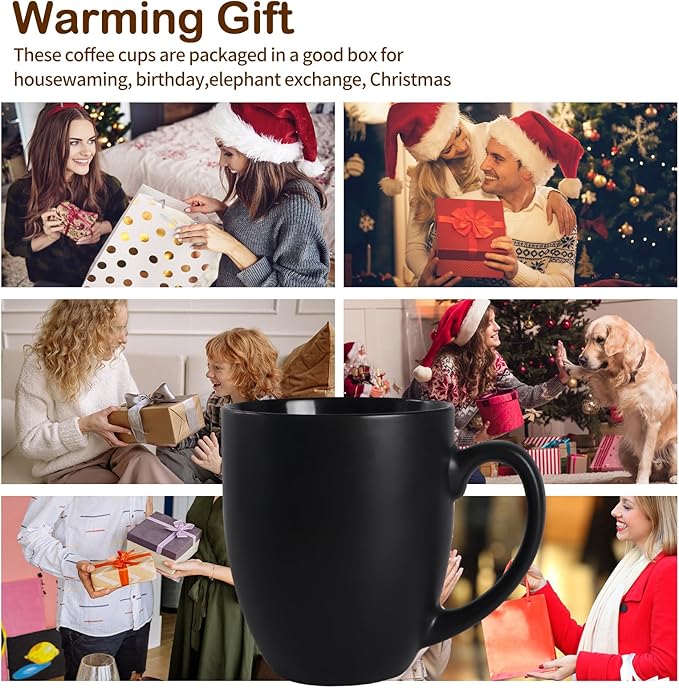 16 OZ Black Stoneware Mugs Set of 6, Large Ceramic Coffee Cups with Handle, Porcelain Mugs for Latte, Milk, Tea and Juice-CasaMuseHome