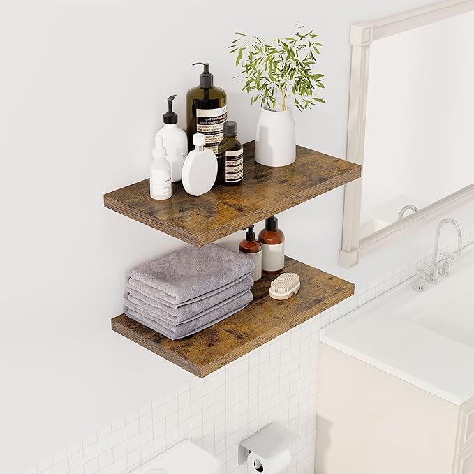 24" Floating Shelves for Wall, 12" Deep Slim Rustic Brown Floating Shelves, Wall-Mounted Shelves for Bedroom, Living Room, Kitchen, Bathroom - Set of 2-CasaMuseHome