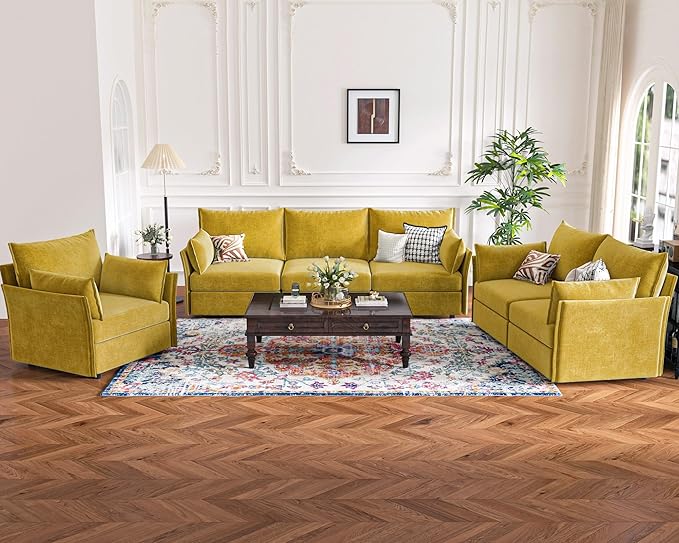 134.6" Oversized Modular Sectional Sofa, 6 Seater U Shaped Couch with Storage Ottoman with Reversible Chaise Deep Seat for Living Room, Apartment - Chenille Yellow-CasaMuseHome