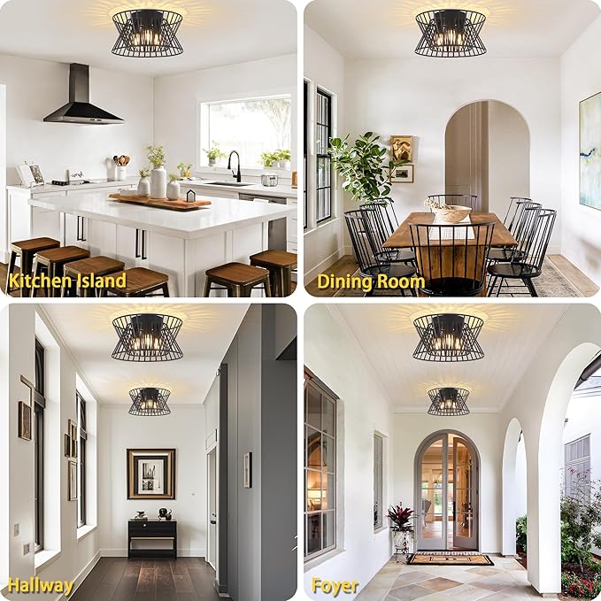 3-Lights Black Ceiling Light Vintage Geometric Chandelier Light Fixture Adjustable Metal Semi Flush Mount Lighting for Kitchen Room Dining Room Foyer-CasaMuseHome