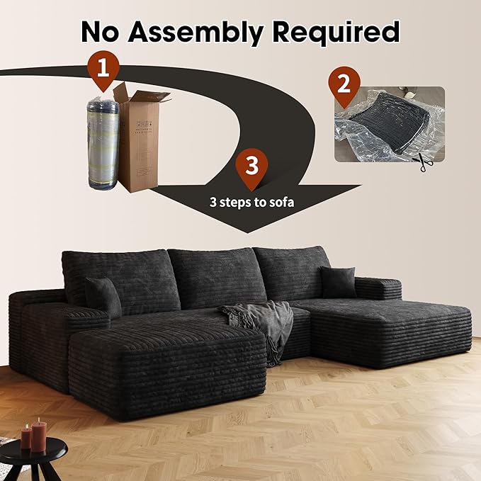 108" Sectional Couches for Living Room Modern Modular Sofa with L-Shape Couchs Upholstered Boneless Couch Deep Seat Sectional Couch with Chaise (Black, Right Facing Chaise+2Seaters+1Ottoman)-CasaMuseHome