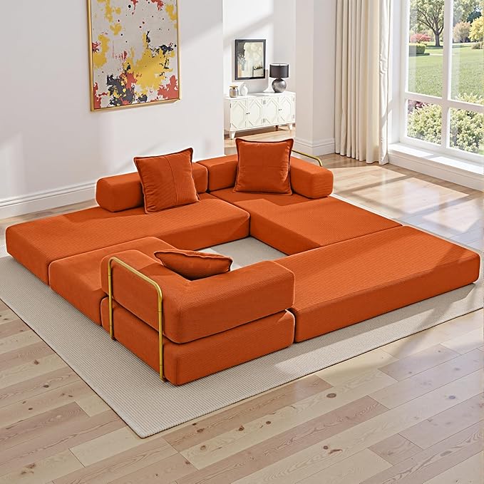 108" Oversized Convertible Sleeper Sofa Bed, Corduroy L Shape Sectional Couch, Folding Sofa Bed with Side Pocket, Modern Cloud Floor Mattress Couch, Modular Sofa for Living Room, Orange-CasaMuseHome