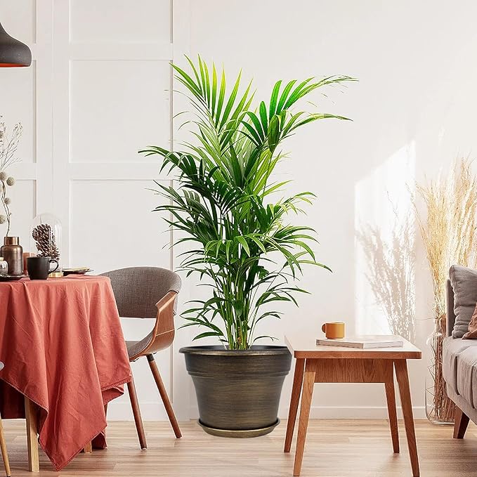 16 inch Plant Pots Outdoor Planters,4 Pack Large Plastic Flower Pot for Indoor Plants with Drainage Holes & Saucer, Resin Decorative Container Sets with Trays for House Outdoor Garden Plant Dark Gold-CasaMuseHome