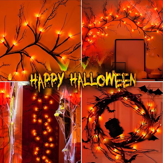 9 FT 72LED Halloween Willow Vine Twig Decor Branches Garland with Lights - 8 Modes Timer - Waterproof Battery Operated for Indoor Wall Fireplace Halloween Decorations-CasaMuseHome