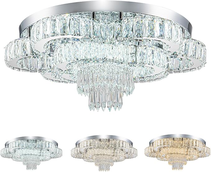 21 Inch Crystal Chandeliers with Remote Control LED Chandelier Modern Mount Flush Mount Chandelier Ceiling Light Fixtures for Bedroom Living Room Dining Room(Dimmable)-CasaMuseHome