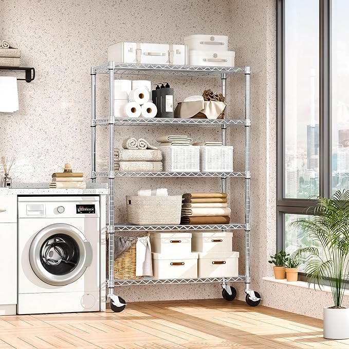 5-Shelf Storage Shelves,Wire Shelving Heavy Duty Metal Storage Shelving Unit Adjustable Garage Shelving Rack Pantry Kitchen (Chrome, 5 Tier,17.7" D x 47.2" W x 76.7" H)-CasaMuseHome