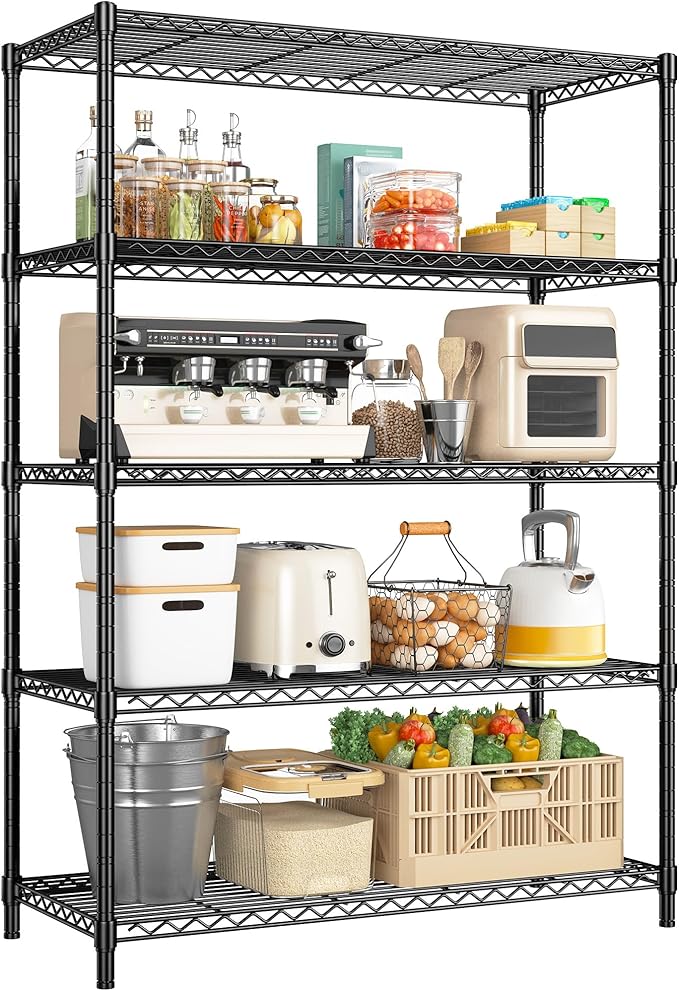 5 Tier Storage Shelves 71"H Wire Shelving Adjustable Metal Shelving,1000LBS Pantry Shelves Sturdy Steel Wire Shelf for Kitchen School Pantry Garage Warehouse ,71"H X35.5"W X13.8"D, Black,2P-CasaMuseHome