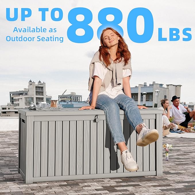 180 Gallon Deck Box,Resin Outdoor Storage Box with Lockable for Patio Furniture, Pool Accessories, Garden Tools Waterproof Outside Storage Box, Grey-CasaMuseHome