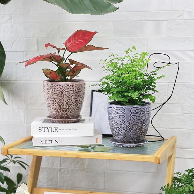 6 Inch Retro Ceramic Planter Set of 2 with Drainage Hole and Saucer for Plants, Indoor-Outdoor Garden Pots for Succulent, Orchid, and Flower (Fits Inner Pots Up to 5 Inches, Retro Peach)-CasaMuseHome