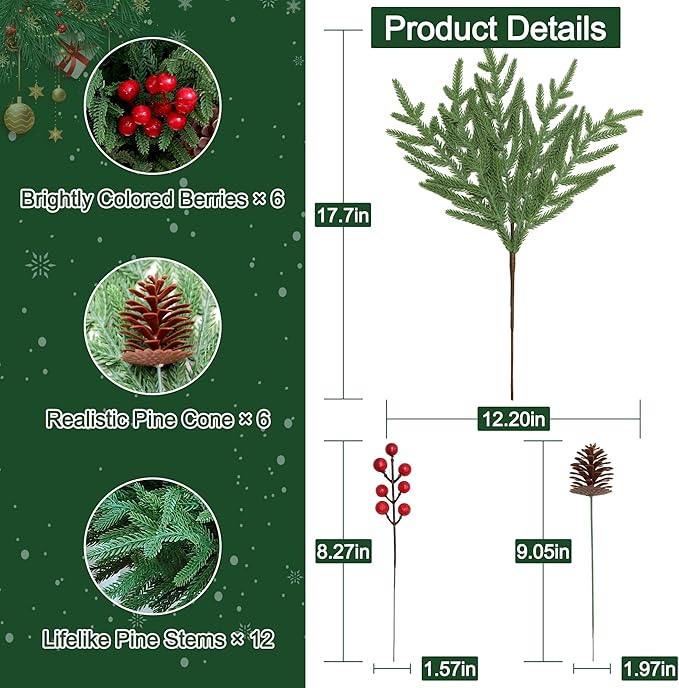24 Pcs Christmas Norfolk Pine Stems, Realistic DIY Artificial Pine Branches for Christmas Decorations-CasaMuseHome