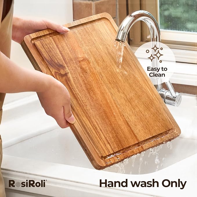 Acacia Wood Cutting Board for Kitchen - 1 inch Thick FSC Certified Wood Charcuterie Cheese Board with Side Handles and Juice Grooves, Wooden Chopping Block for Meat and Veggies, 17x12 inch-CasaMuseHome