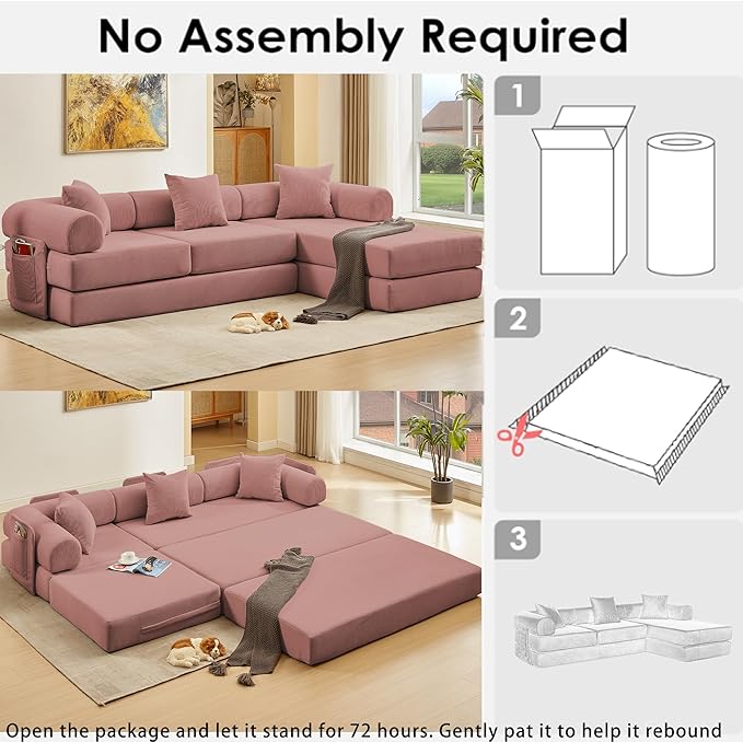 107" Oversized Convertible Sleeper Sofa Bed, Corduroy L Shape Sectional Couch, Folding Sofa Bed with Side Pocket, Modern Cloud Floor Mattress Couch, Modular Sofa for Living Room, Pink-CasaMuseHome