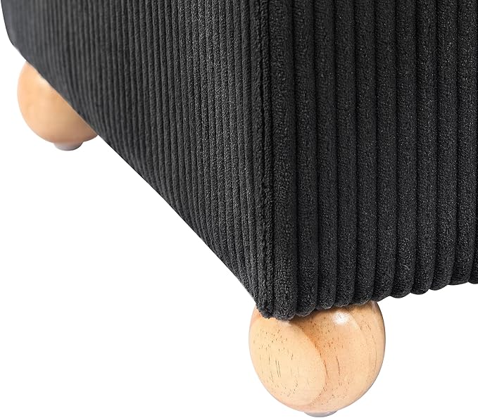 Adeco 17 Inch High Striped Flannel Black Cube Ottoman Storage, 3D Embossed Velvet Chair Foot Stools, Upholstered Vanity Stool with Hinged Lid, Solid Round Wood Legs-CasaMuseHome