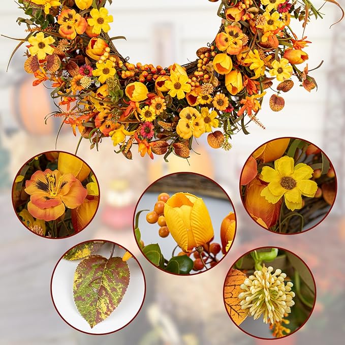22 Inches Fall Wreaths for Front Door Rustic Autumn Wreath Farmhouse Fall Floral Wreaths with Tulips Orange Wildflowers for Wall Window Porch Indoor Outside-CasaMuseHome