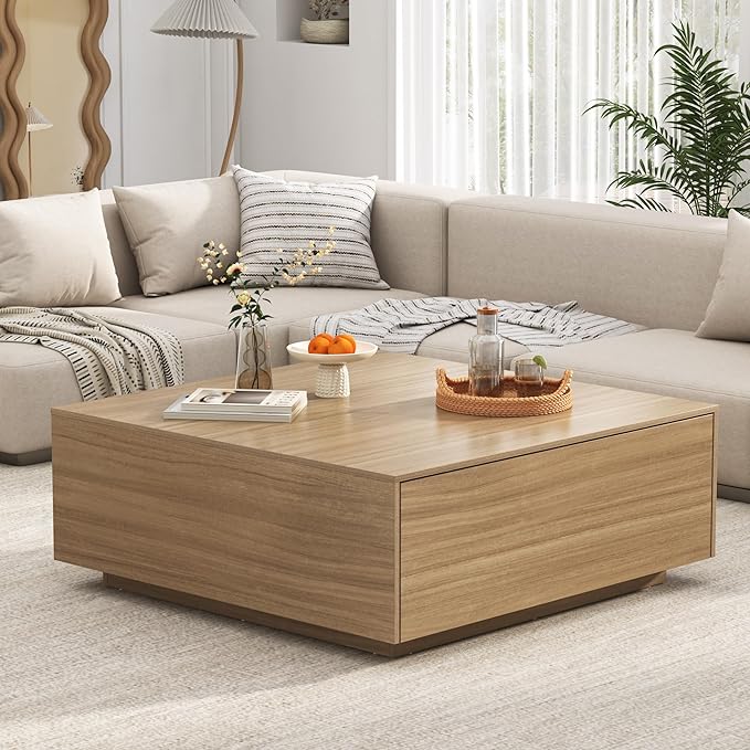 43” Square Coffee Table with Storage, 43" D x 43" W x 17" H Modern Large Square Center Table with 2 Drawers, Wood Coffee Table for Living Room, Light Brown,Bedroom,Light Brown-CasaMuseHome