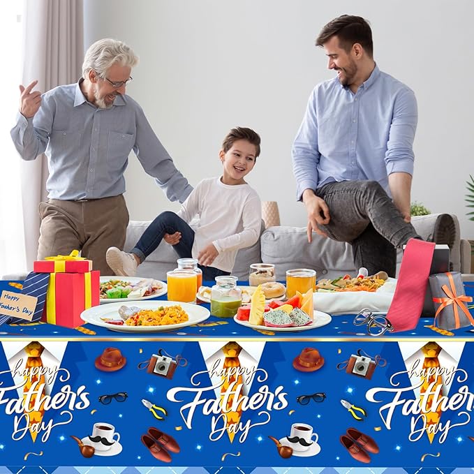 2 Pack Fathers Day Tablecloth - Happy Father's Day Table Cloth, Plastic Disposable Rectangle Blue Father Day Table Cover for Fathers Day Decorations Party Decor Supplies Favors,108 x 54 Inch-CasaMuseHome