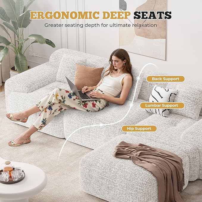 122" Modern L Shaped Modular Sectional Sofa, Boneless Couches for Living Room with Ottoman,4 Seater Convertible Chenille Cloud Couch Sofa Set, No Assembly Required, Beige 1 PCS-CasaMuseHome